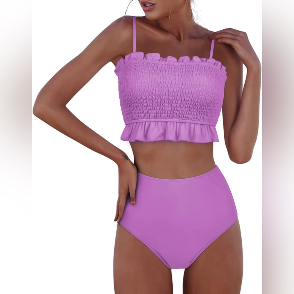 Women Shirred Bandeau Bikini Cute Two Piece Off Shoulder High Waist Bathing Suit